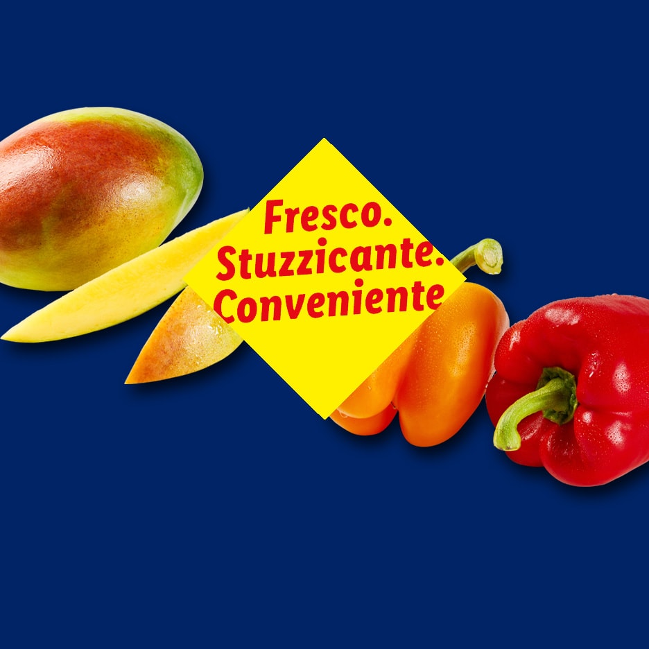 Frische Mango und Paprika mit dem Text 'Fresco. Stuzzicante. Conveniente'.