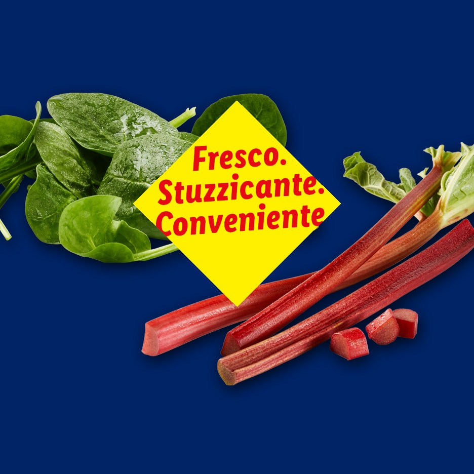 Spinat und Rhabarber auf blauem Hintergrund mit gelbem Text: „Frisch. Lecker. Günstig.“