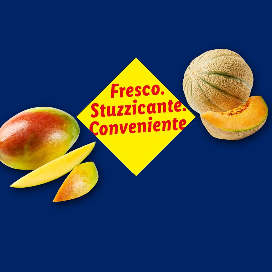 Mango und Melone mit dem Text „Fresco. Stuzzicante. Conveniente.“ auf gelbem Hintergrund.
