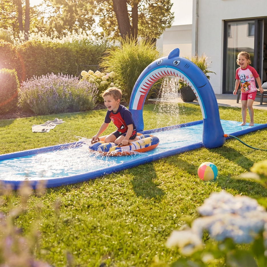 Kinder spielen auf einer aufblasbaren Wasserrutsche in Haiform in einem sonnigen Garten.