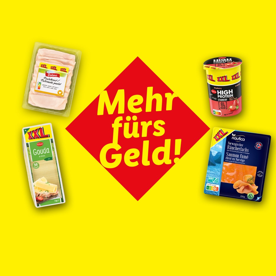 Werbebild mit Hähnchenbrust, Gouda, High-Protein-Joghurt und Räucherlachs mit dem Text „Mehr fürs Geld!“