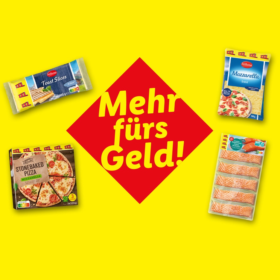 Lebensmittelsortiment (Toastscheiben, Pizzen, geriebener Mozzarella, Lachs) mit dem Text „Mehr fürs Geld!“