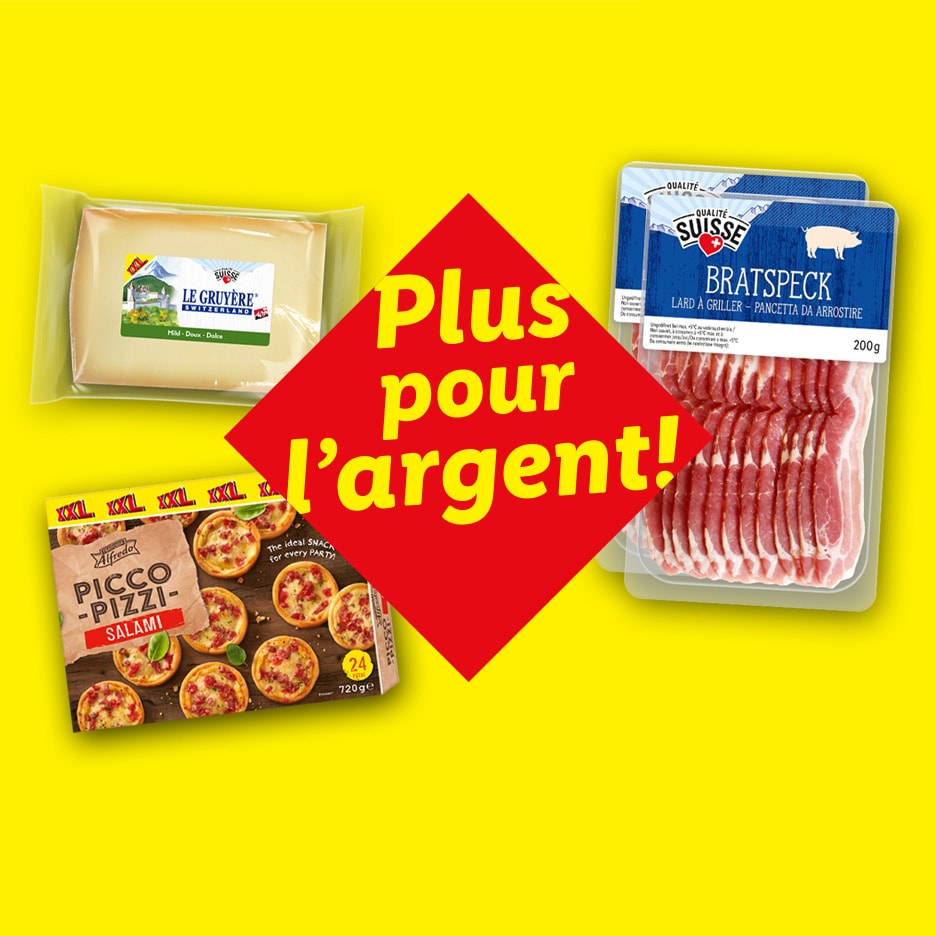 Käse, Speck und Minipizzen mit dem Text „Mehr für Ihr Geld!“ auf gelbem Hintergrund.
