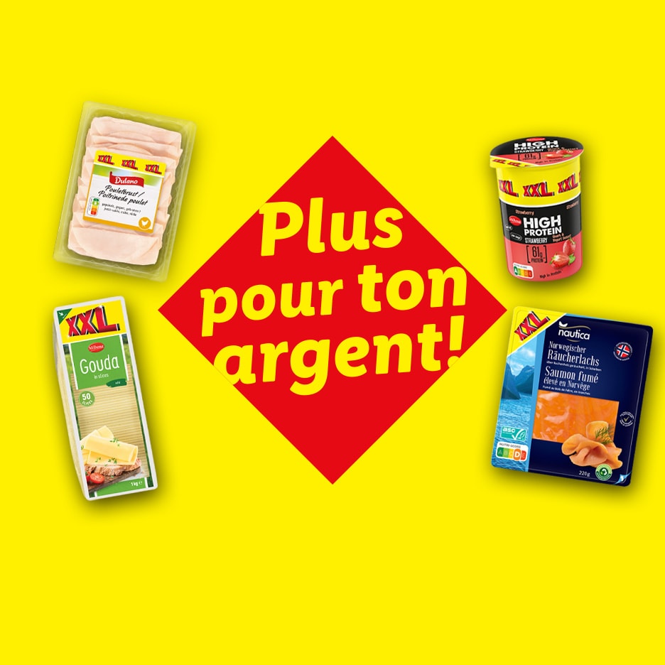 Eine Auswahl an XXL-Produkten wie Hähnchenbrust, Gouda, Lachs und Protein-Joghurt mit dem Slogan 'Mehr für dein Geld!'.