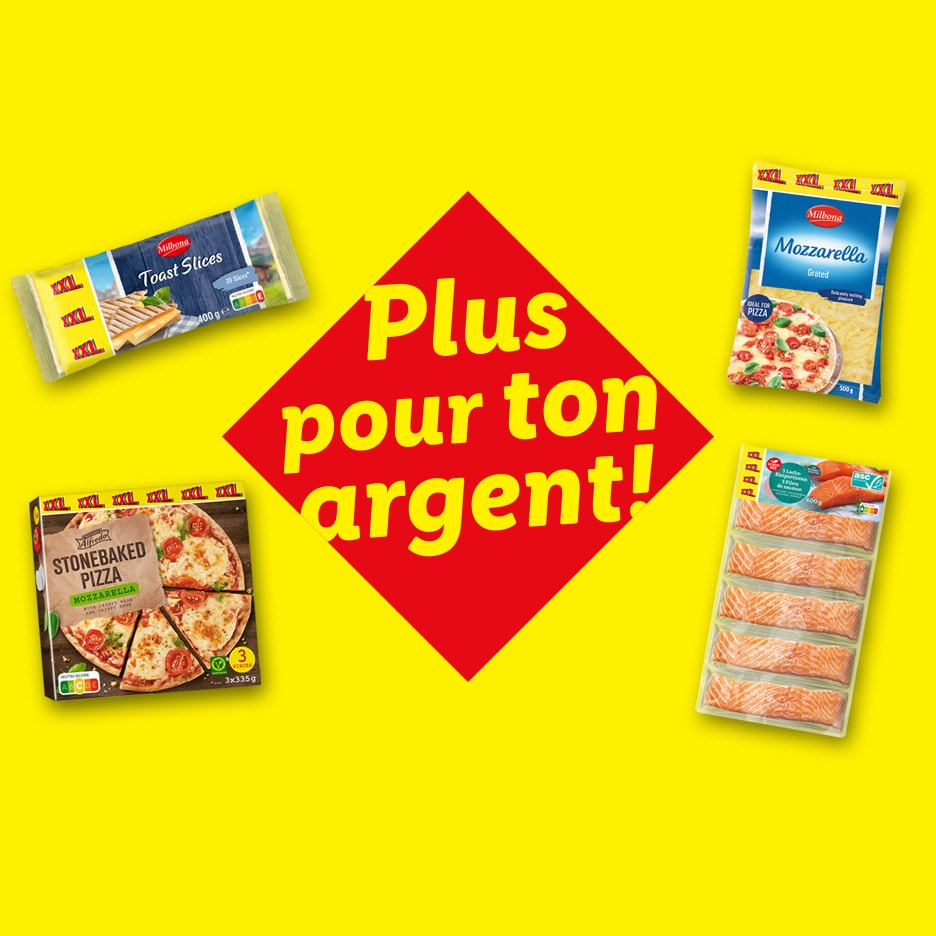 Eine Auswahl an XXL-Produkten wie Toastscheiben, geriebenem Mozzarella, Steinofenpizza und Lachsfilets mit dem Slogan „Mehr für dein Geld!“.