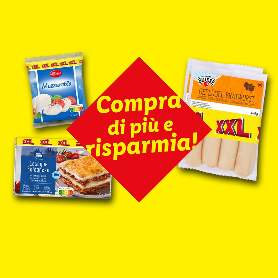 Mozzarella, Lasagne und Würstchen mit dem Angebot 'Mehr kaufen und sparen!'