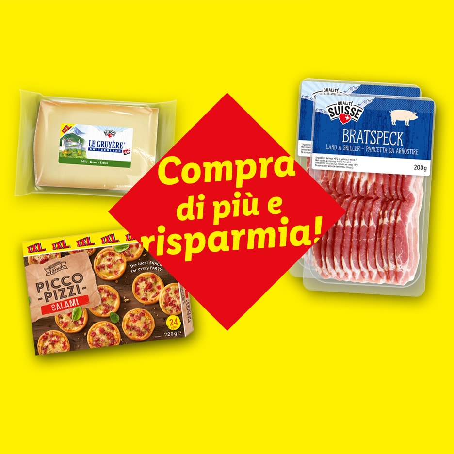 Käse, Mini-Pizzen und geräucherter Speck mit dem Text „Kaufe mehr und spare!“ auf gelbem Hintergrund.