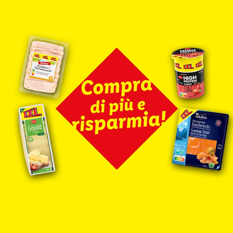 Werbebild mit Hähnchenbrust, Gouda, Joghurt und Lachs, mit dem Text „Kaufe mehr und spare!“
