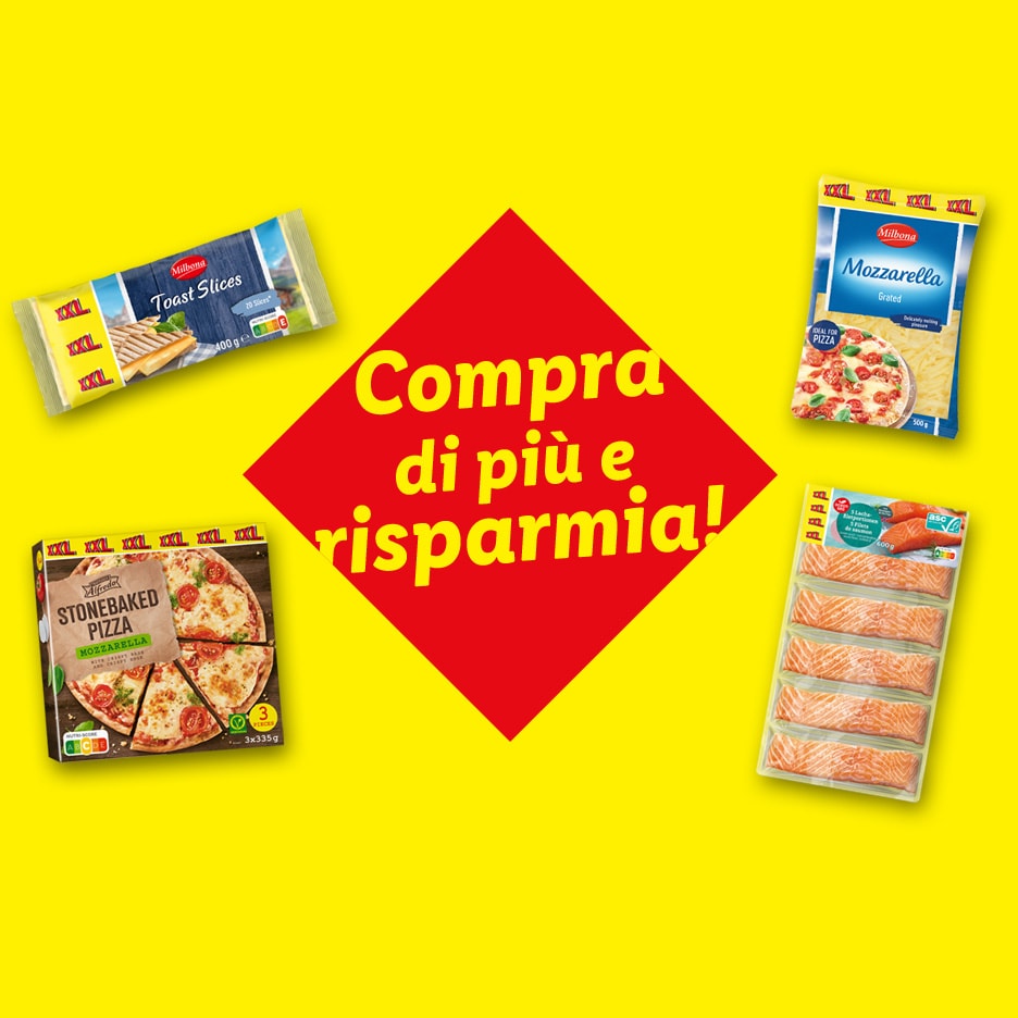 Werbung für Toastscheiben, Pizza, geriebenen Mozzarella und Lachs, mit dem Text 'Kaufen Sie mehr und sparen Sie!'