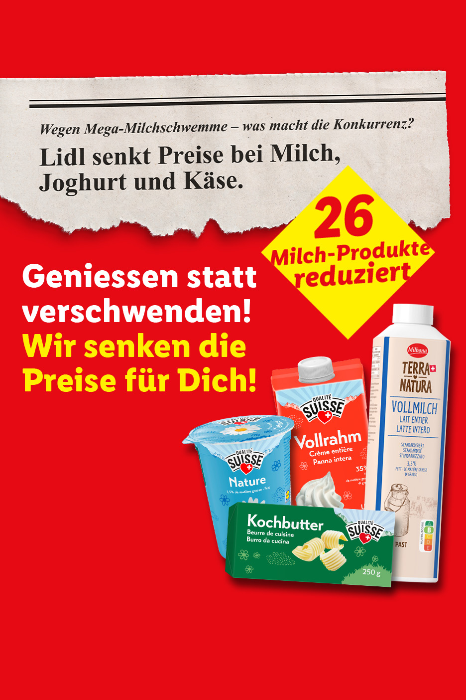 Lidl senkt Preise für 26 Milchprodukte wie Milch, Joghurt, Rahm und Butter.