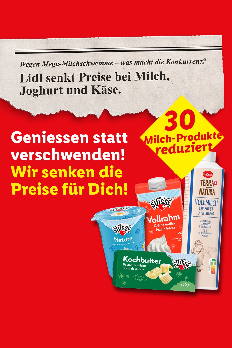 Lidl senkt die Preise für Milch, Joghurt und Käse, mit 30 reduzierten Milchprodukten.
