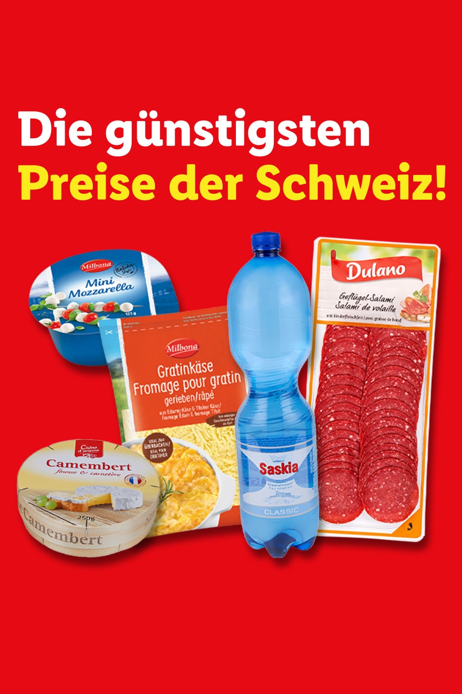 Eine Auswahl an Lebensmitteln, darunter Mozzarella, Reibekäse, Camembert, Wasser und Salami.