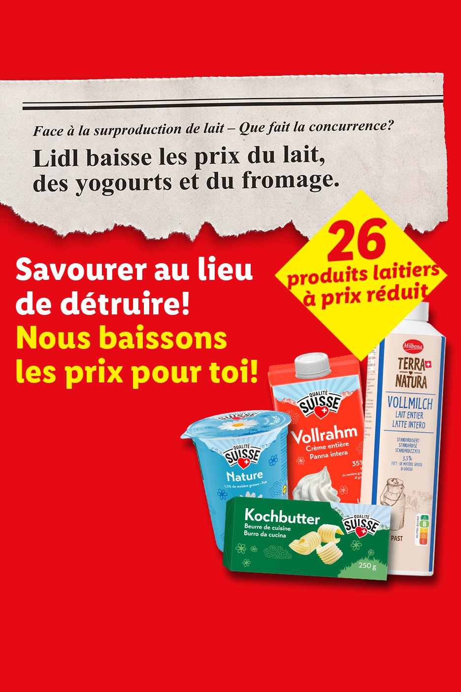 Lidl baisse les prix du lait, des yaourts et du fromage, avec 26 produits laitiers à prix réduit.