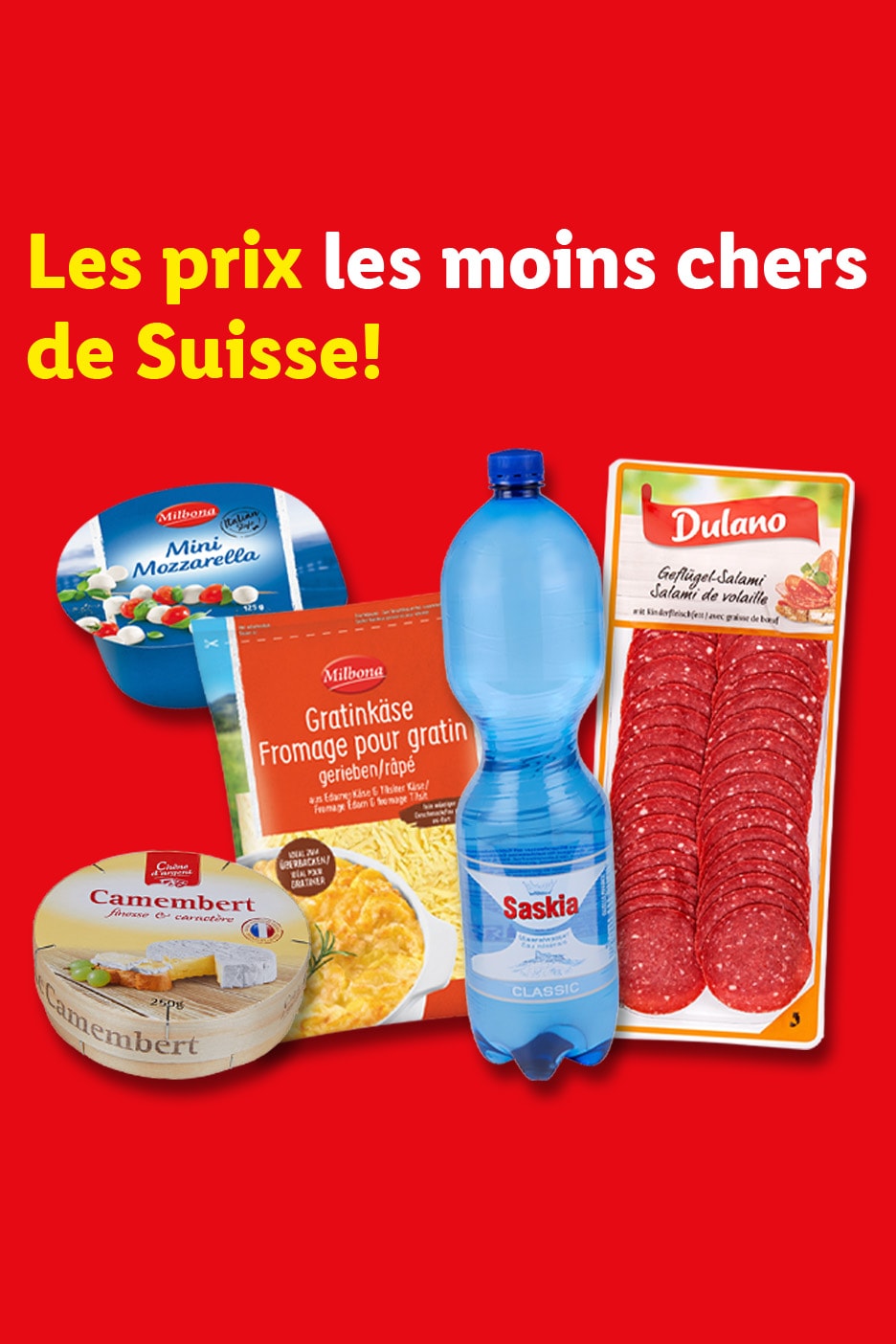 Fromages, salami et eau minérale sur fond rouge avec le texte 'Les prix les moins chers de Suisse!'