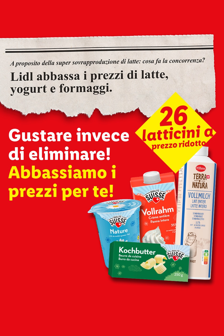 Annuncio Lidl su prodotti lattiero-caseari a prezzo ridotto, con latte, yogurt, panna e burro in evidenza.