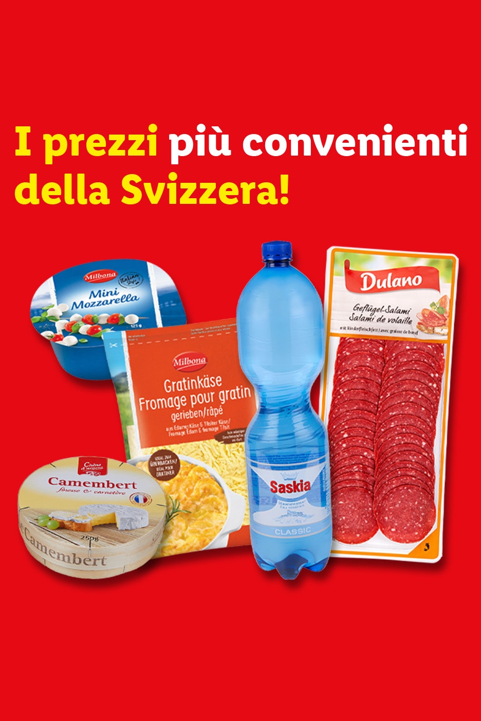 I prezzi più convenienti della Svizzera, con mozzarella, formaggio grattugiato, camembert, acqua e salame di pollo.