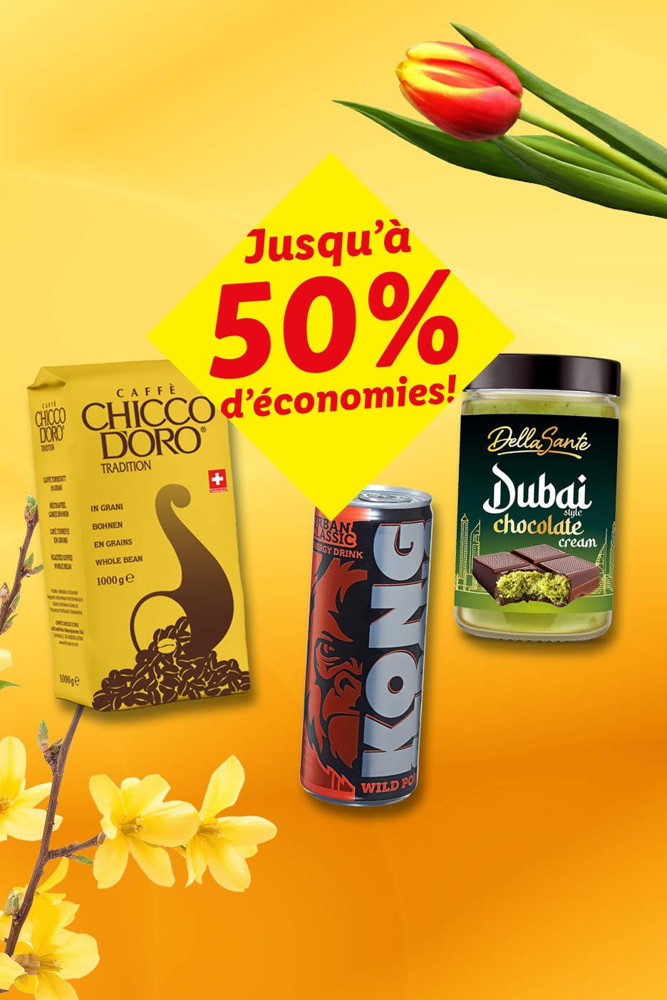 Café en grains, boisson énergisante et crème au chocolat avec jusqu'à 50% de réduction.