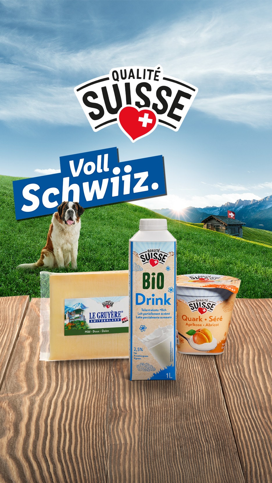 Qualité Suisse Produkte: Gruyère Käse, Bio Drink Milch und Quark-Séré Aprikose vor Schweizer Alpenkulisse.