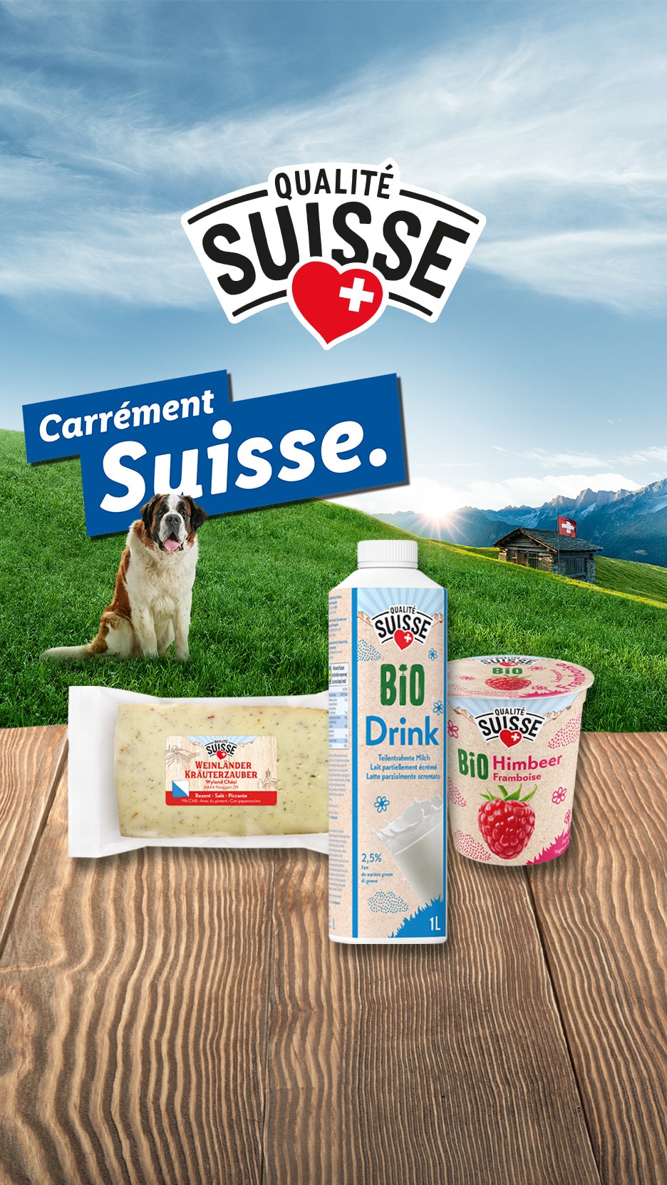 Boisson lactée, fromage et yaourt aux framboises sur fond de paysage suisse avec un chien Saint-Bernard.