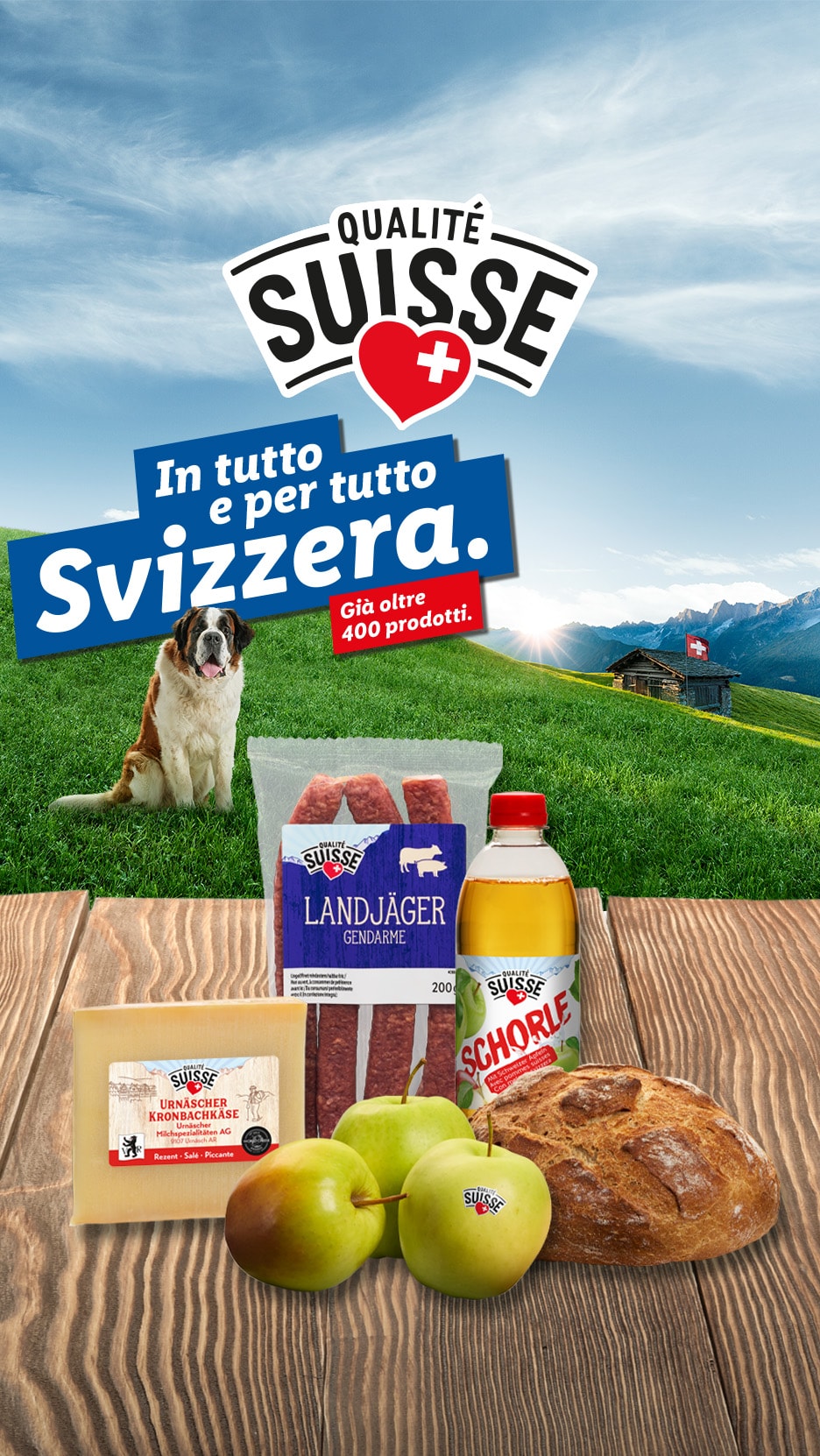 Schweizer Produkte wie Käse, Wurst, Brot und Getränke, mit Bernhardiner und Alpenlandschaft.