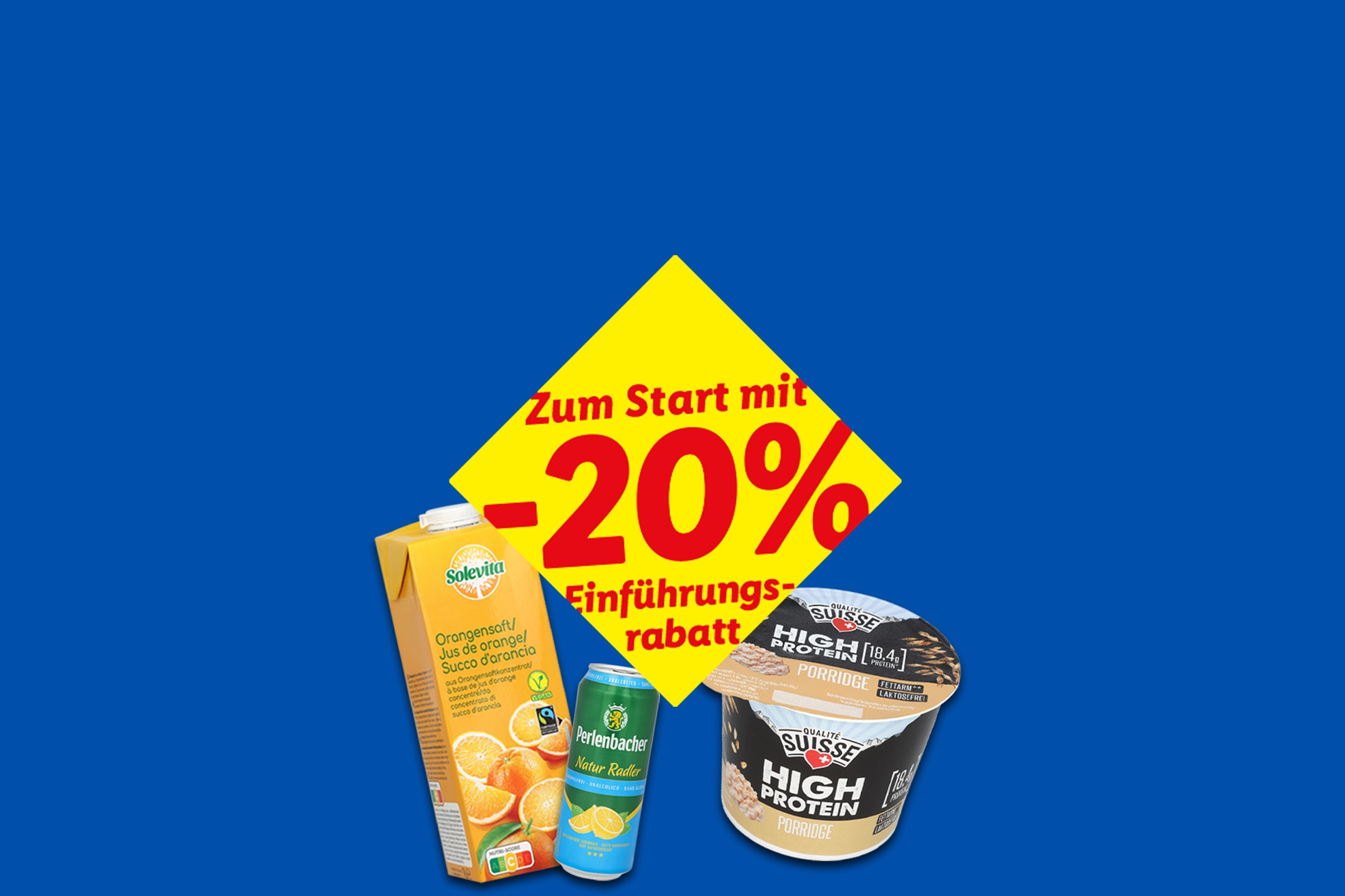 Orangensaft, alkoholfreies Getränk und Protein-Porridge mit 20% Rabatt.