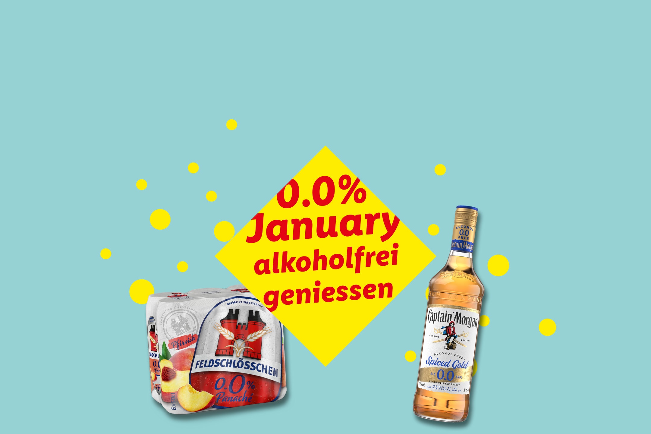 FELDSCHLÖSSCHEN Panache und Captain Morgan Spiced Gold 0.0% für den alkoholfreien Januar.
