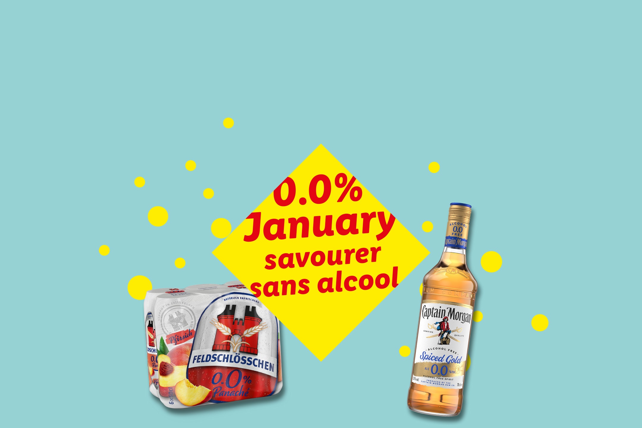 Janvier 0.0%: Feldschlösschen Panache et Captain Morgan Spiced Gold sans alcool.