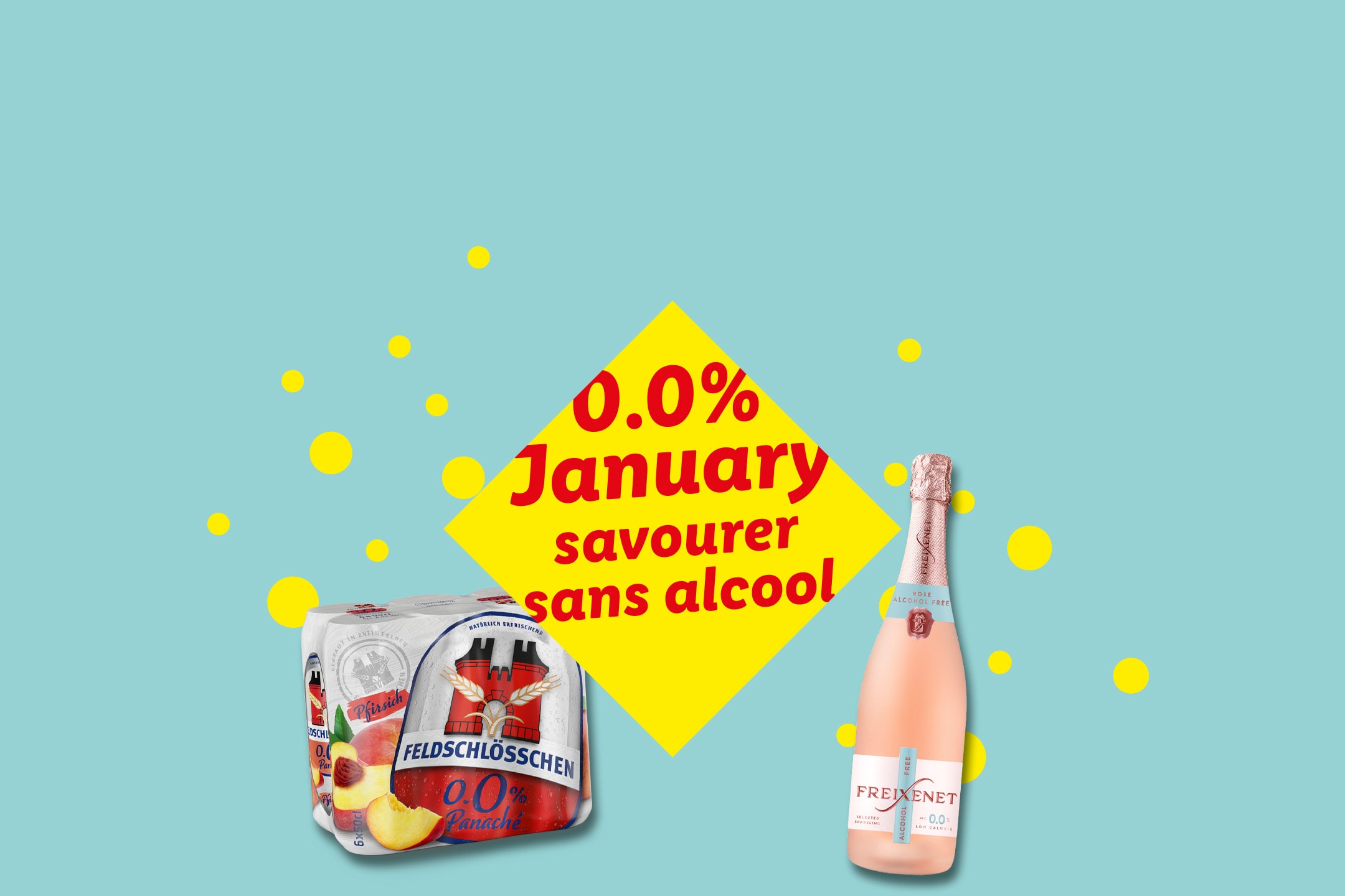 Bière sans alcool Feldschlösschen et Freixenet Rosé sans alcool pour le mois de janvier.