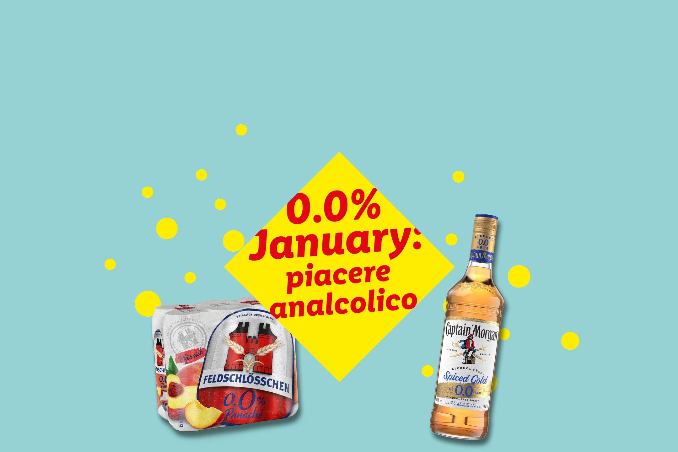 FELDSCHLÖSSCHEN Panache e Captain Morgan Spiced Gold 0.0% con il testo '0.0% January: piacere analcolico'.
