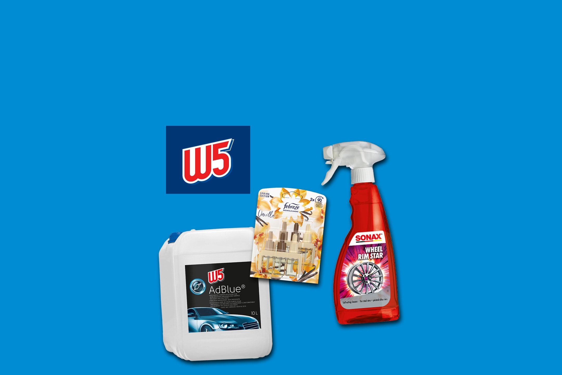 Tanica di AdBlue, deodorante alla vaniglia e detergente per cerchioni su sfondo blu.