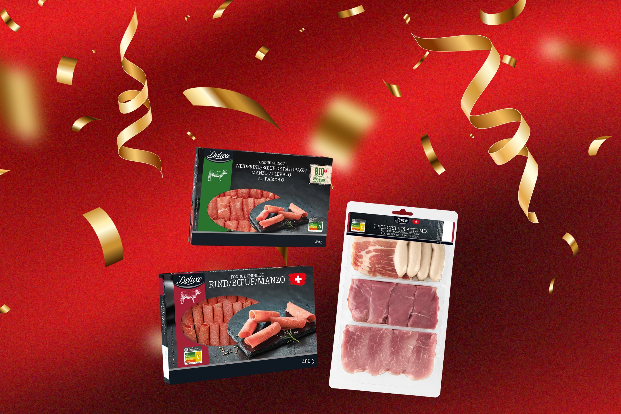 Deluxe Fondue Chinoise und Tischgrill-Platte auf festlichem rotem Hintergrund.