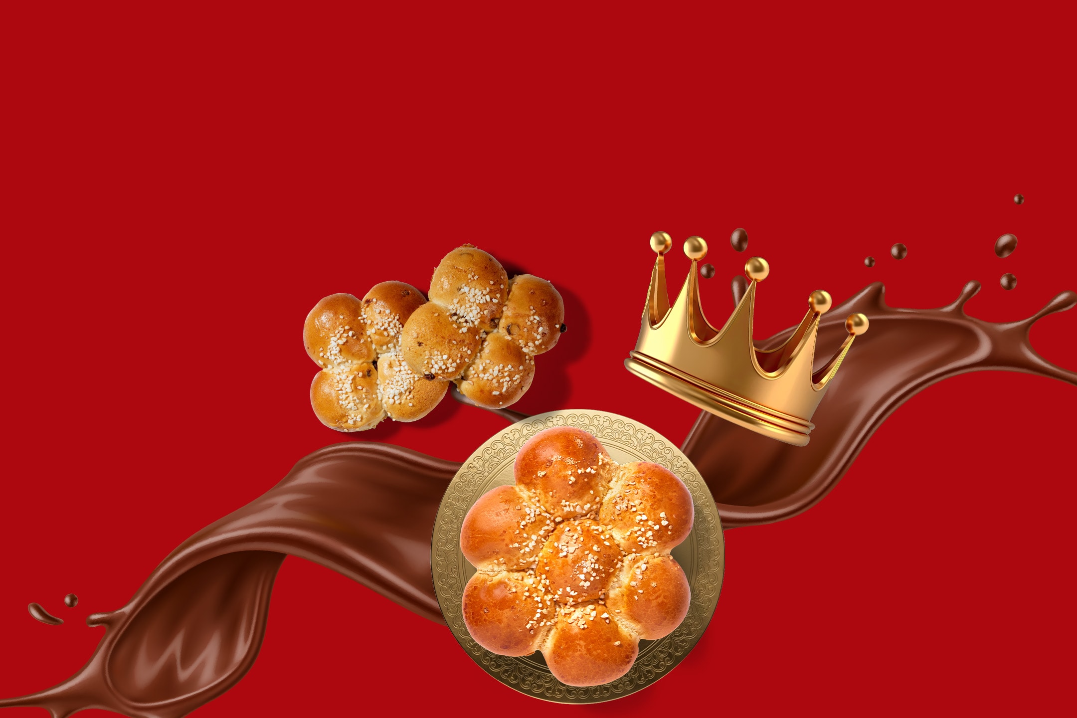 Blumenförmige Königskuchen mit goldener Krone und Schokoladenspritzern.