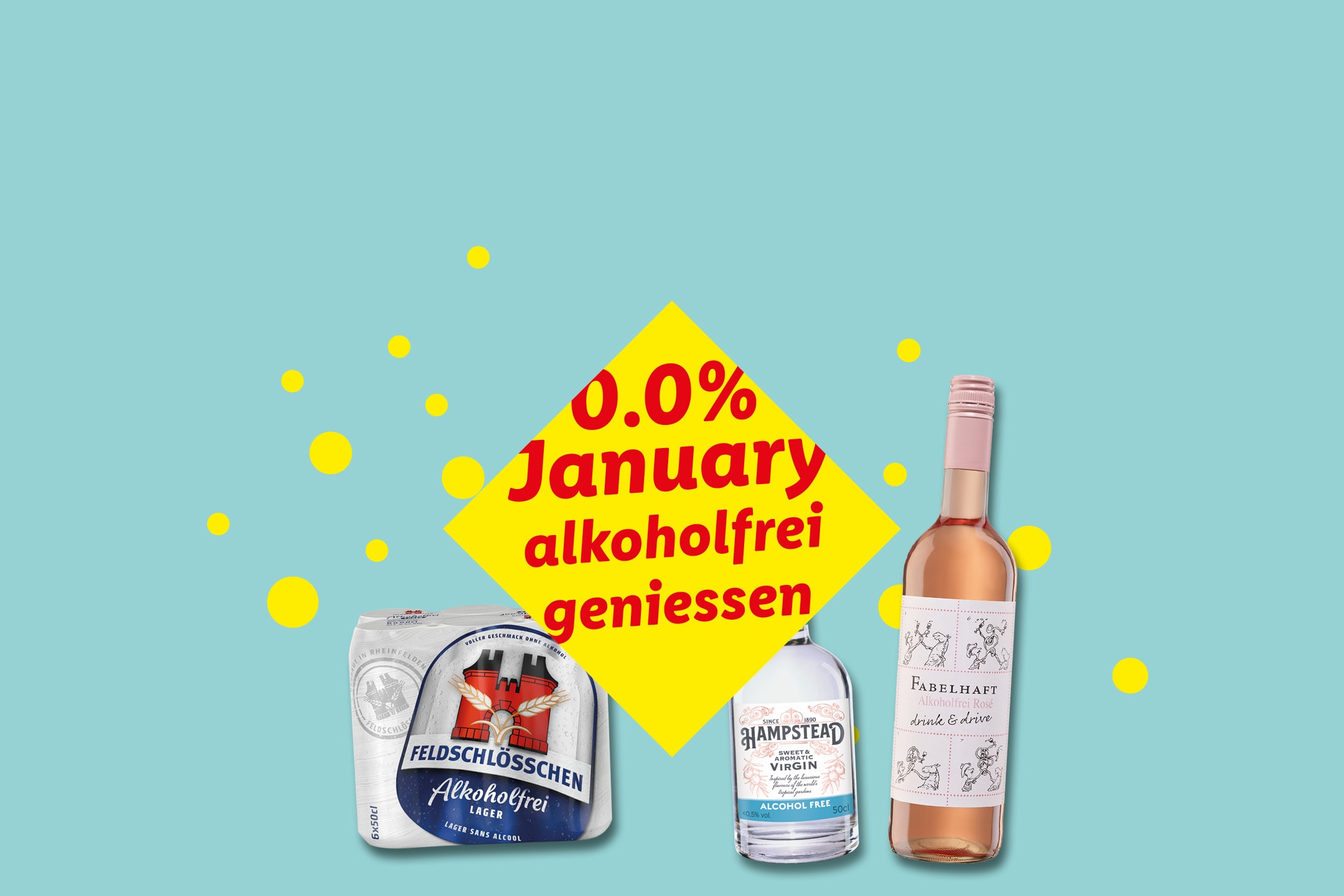Alkoholfreies Bier, Gin und Roséwein mit der Aufschrift „0.0% January alkoholfrei geniessen“.