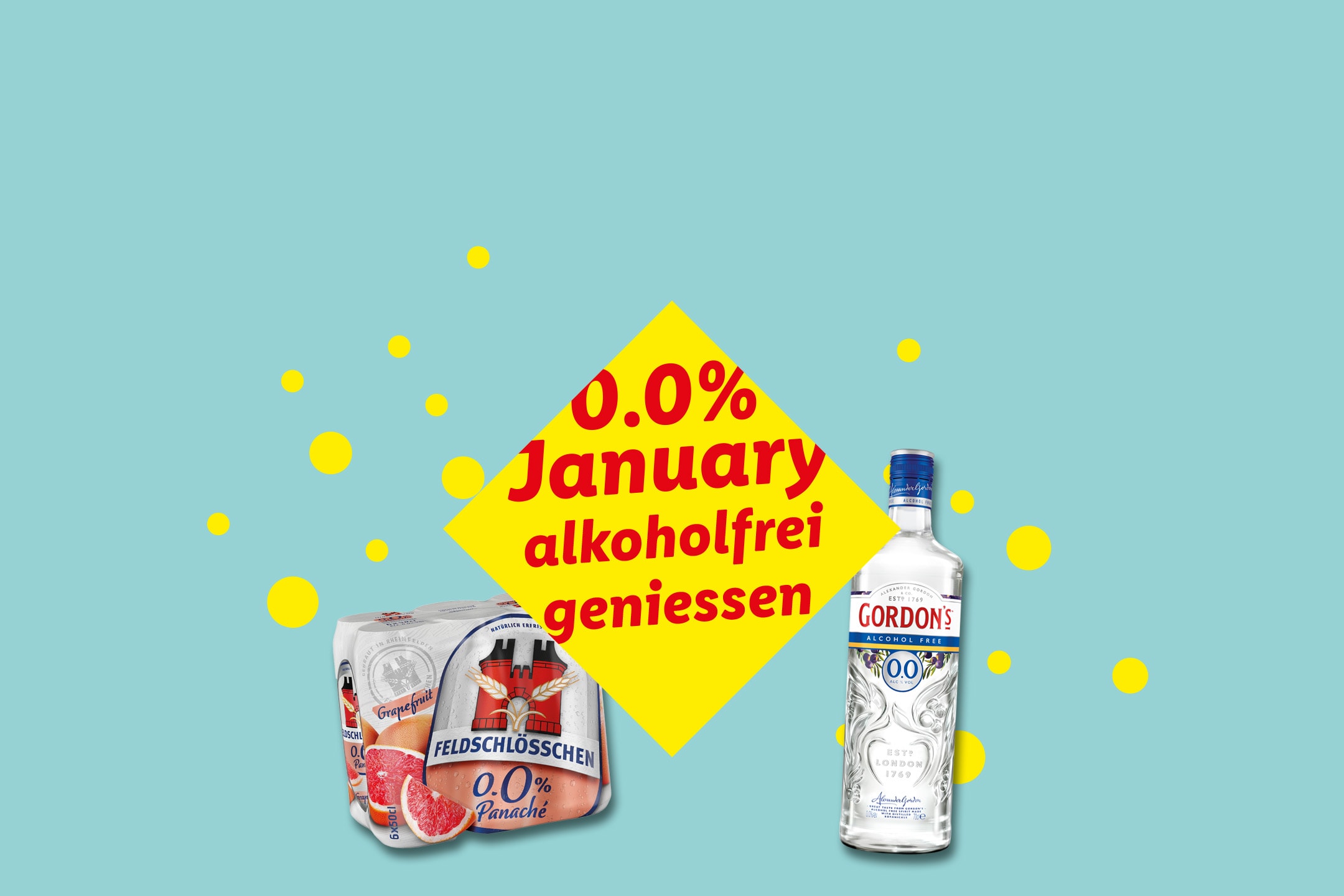 FELDSCHLÖSSCHEN 0.0% Panaché und Gordon's 0.0% Gin für den alkoholfreien Januar.
