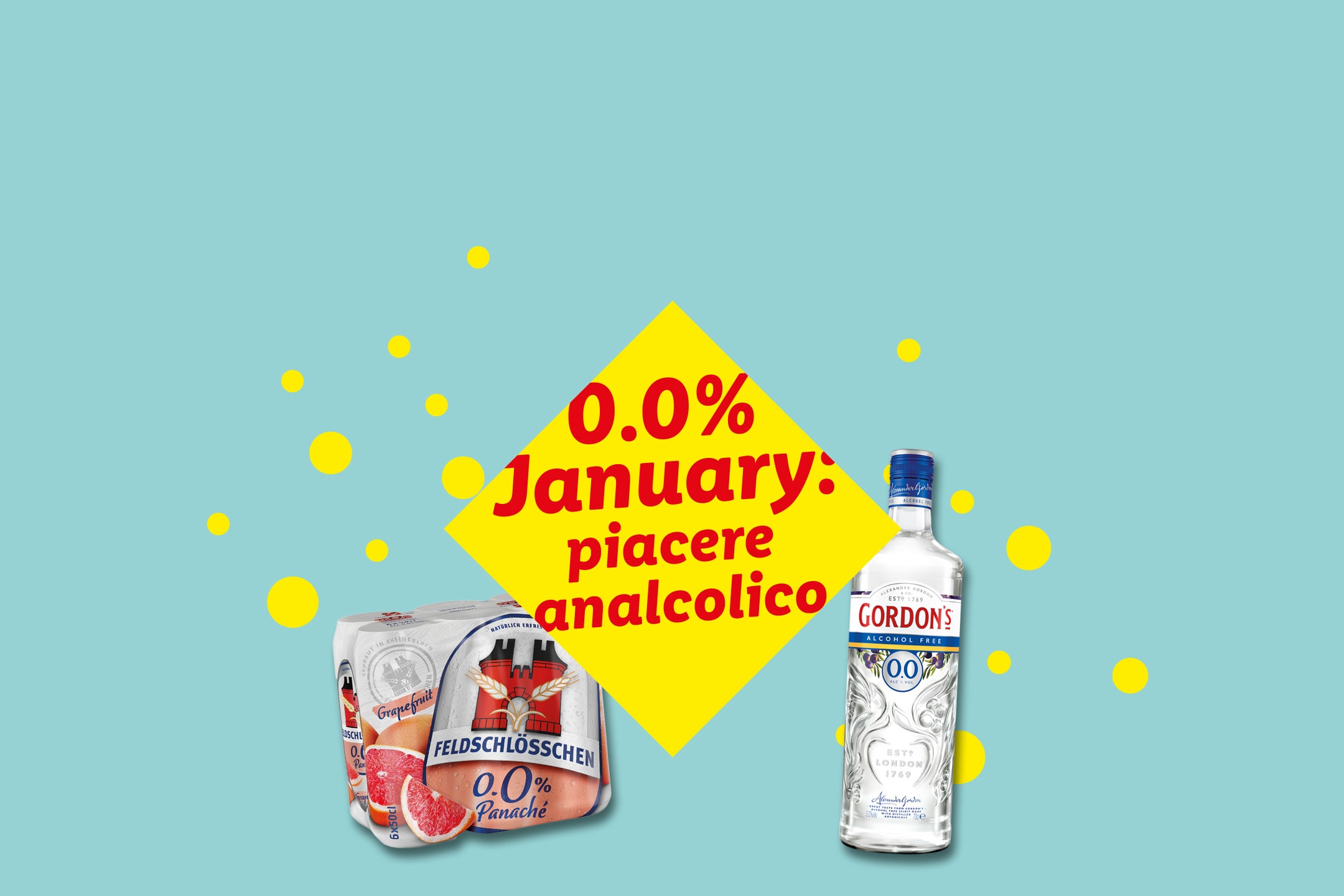 Bottiglia di gin Gordon's 0.0% e Feldschlösschen 0.0% Panaché al pompelmo, pubblicizzati come '0.0% Gennaio: piacere analcolico'.