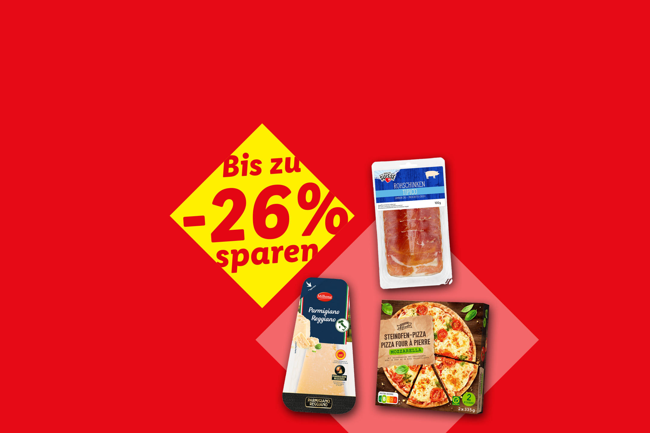 Rohschinken, Parmesan und Tiefkühlpizza mit bis zu 26 % Rabatt.