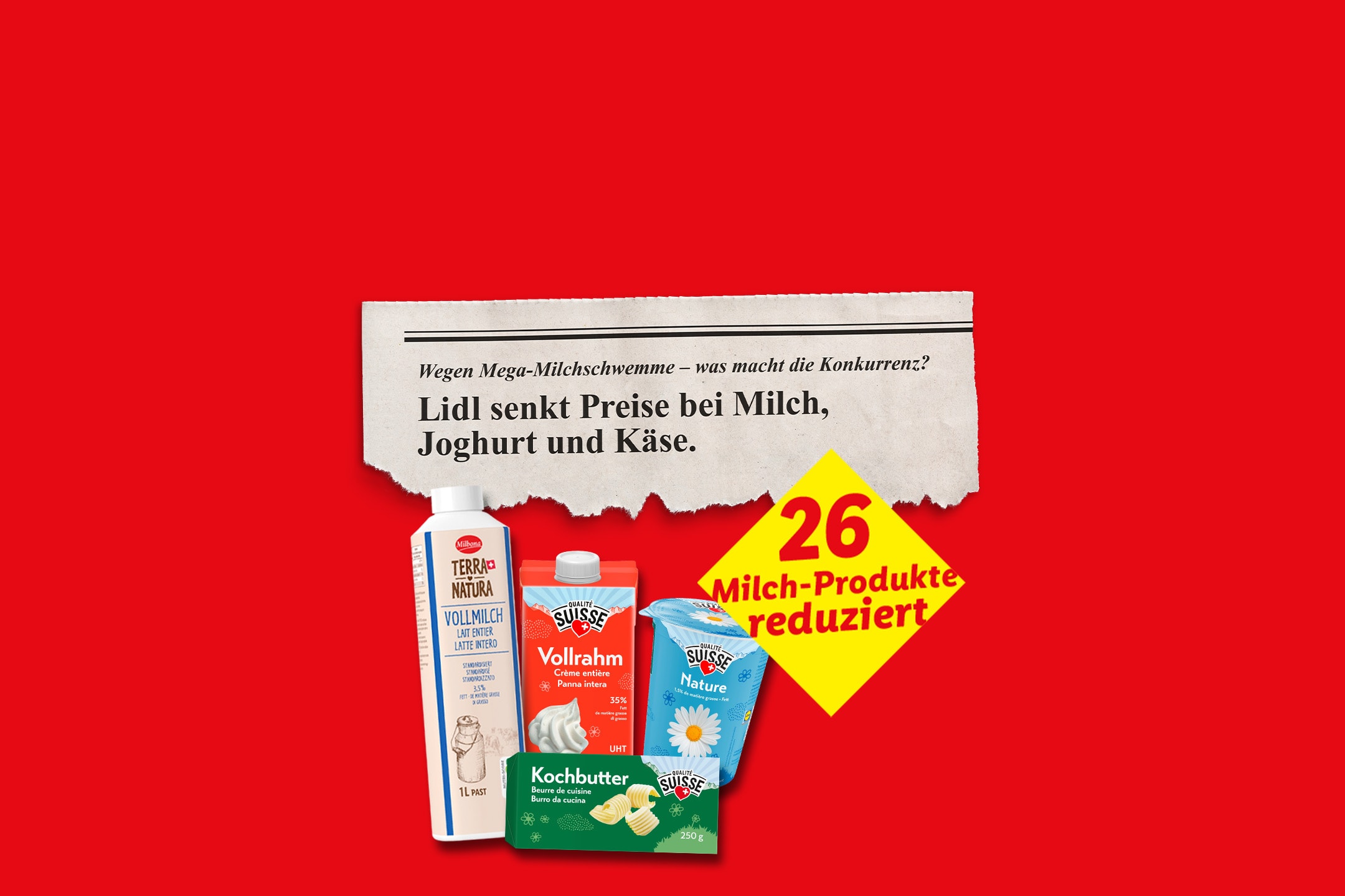 Zeitungsartikel über Lidl, der die Preise für 26 Milchprodukte senkt, darunter Milch, Sahne, Joghurt und Butter.