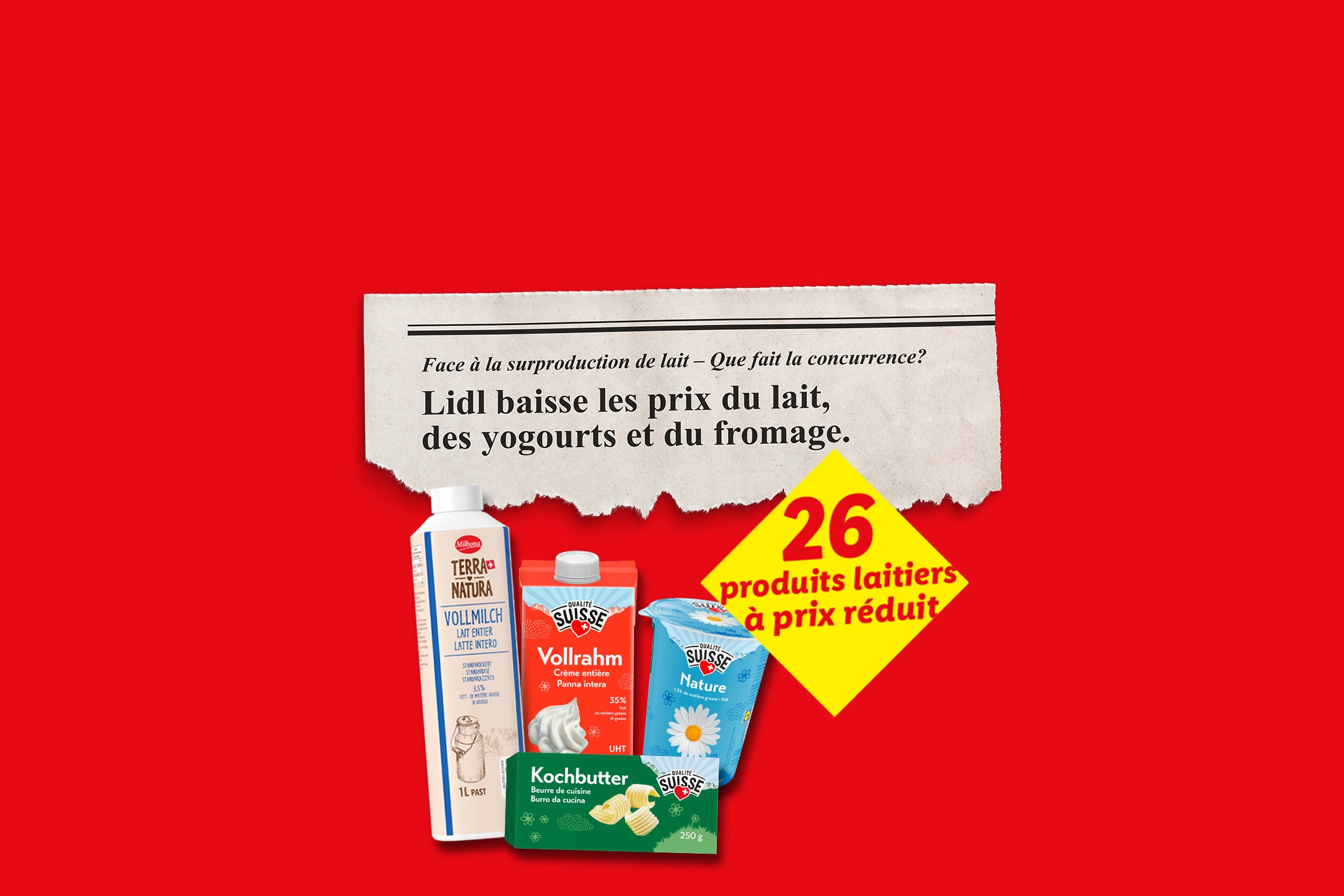 Lidl baisse les prix des produits laitiers, dont le lait, la crème, le yaourt et le beurre.