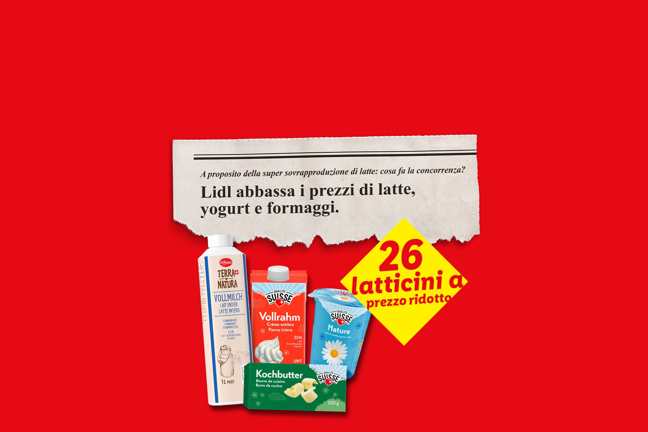 Latte, panna, yogurt e burro su sfondo rosso con titolo di giornale: Lidl abbassa i prezzi.