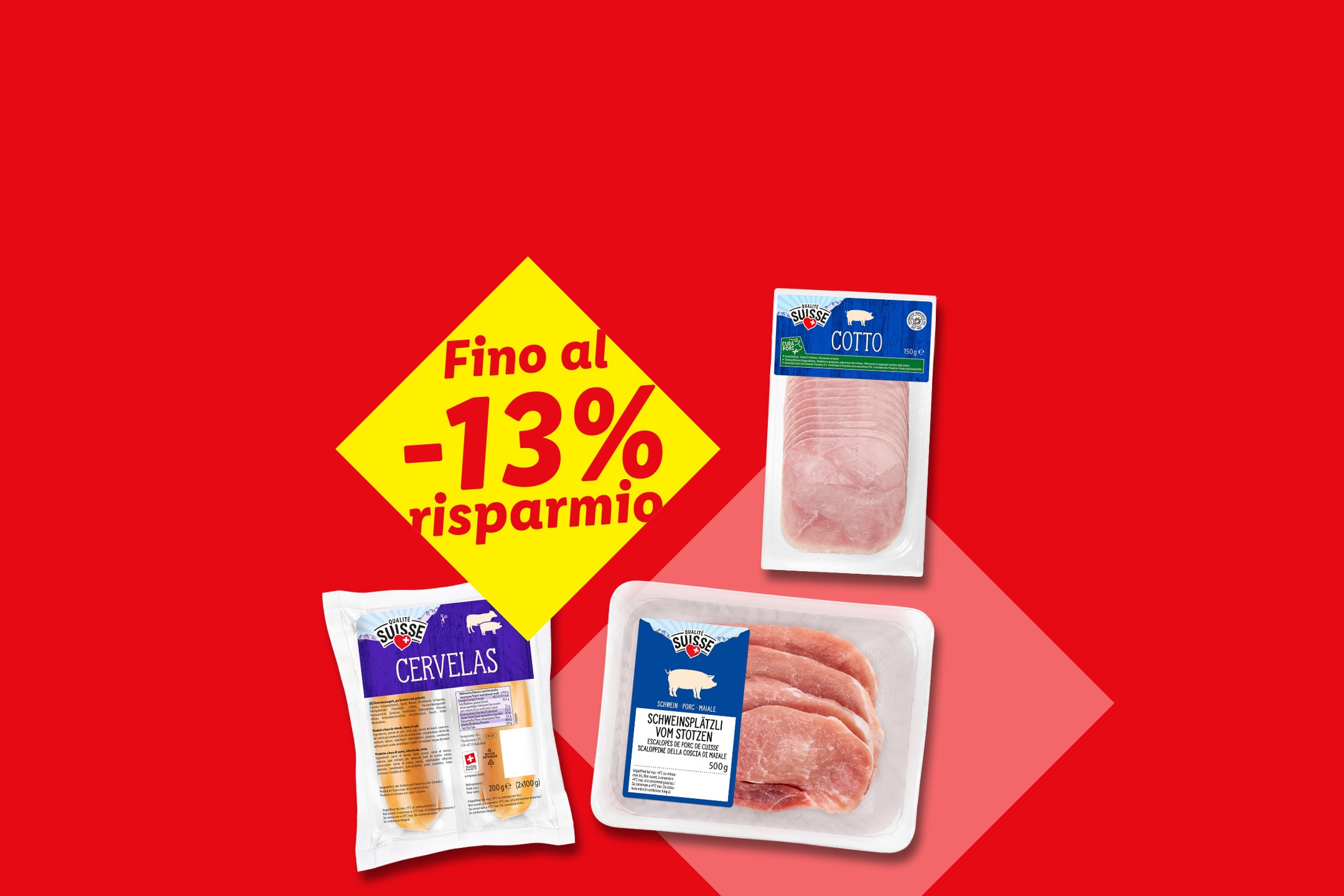Salumi confezionati e carne di maiale con un banner di sconto giallo del 13% su sfondo rosso.