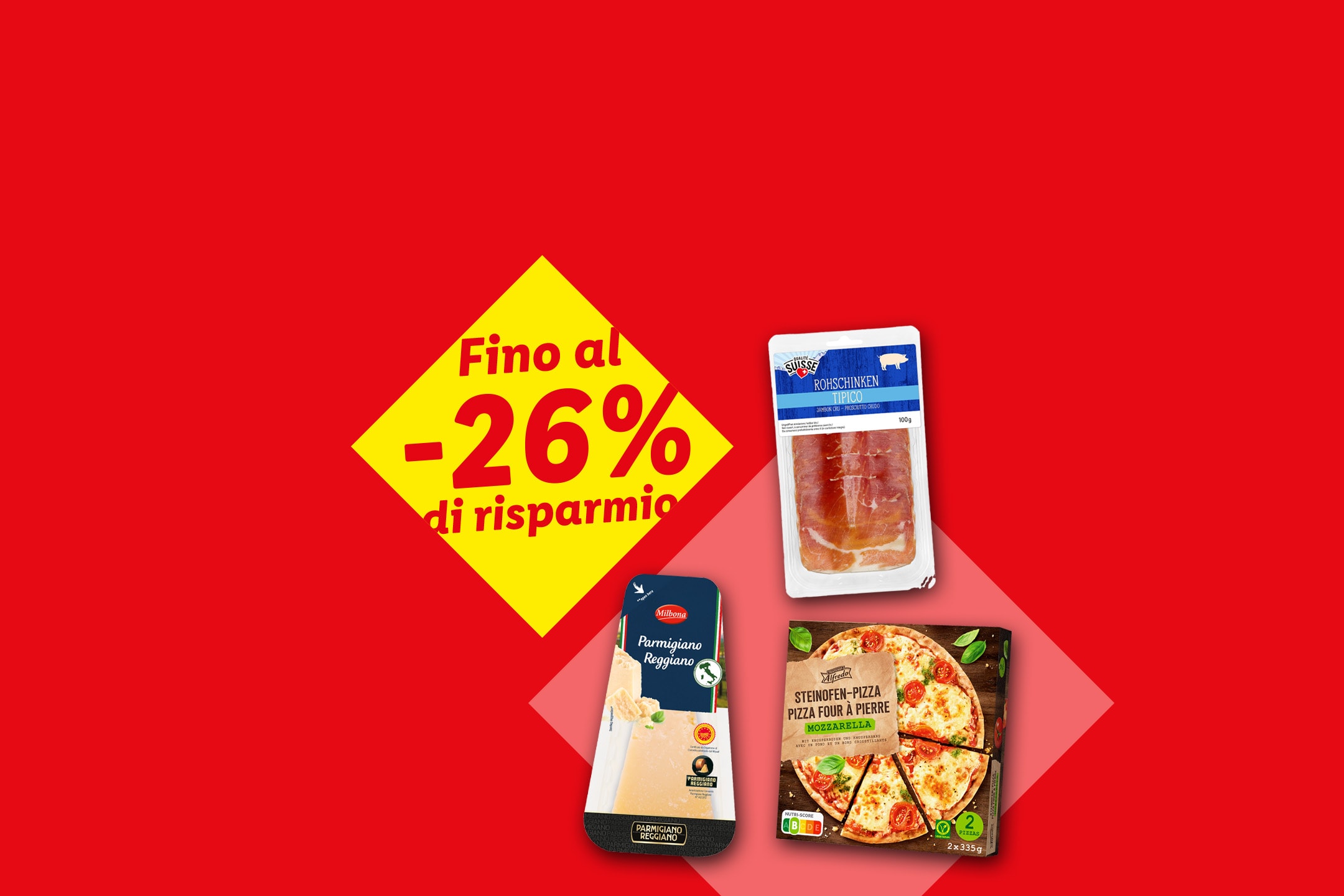 Fino al -26% di sconto su prosciutto crudo, parmigiano e pizza.