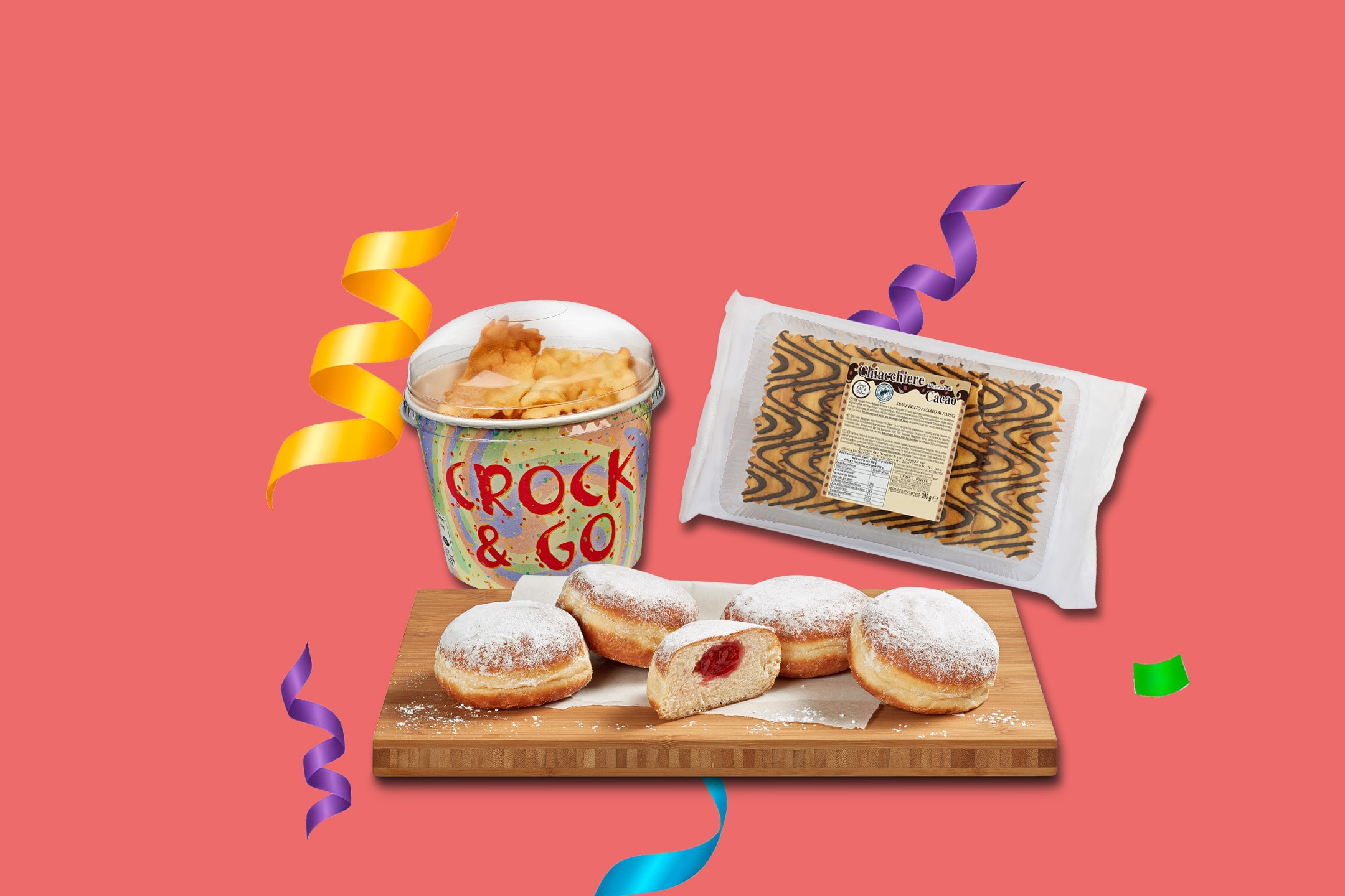 Krapfen mit Puderzucker, ein Becher 'Crock & Go' und verpackte 'Chiacchiere Cacao' auf rotem Hintergrund mit Partybändern.