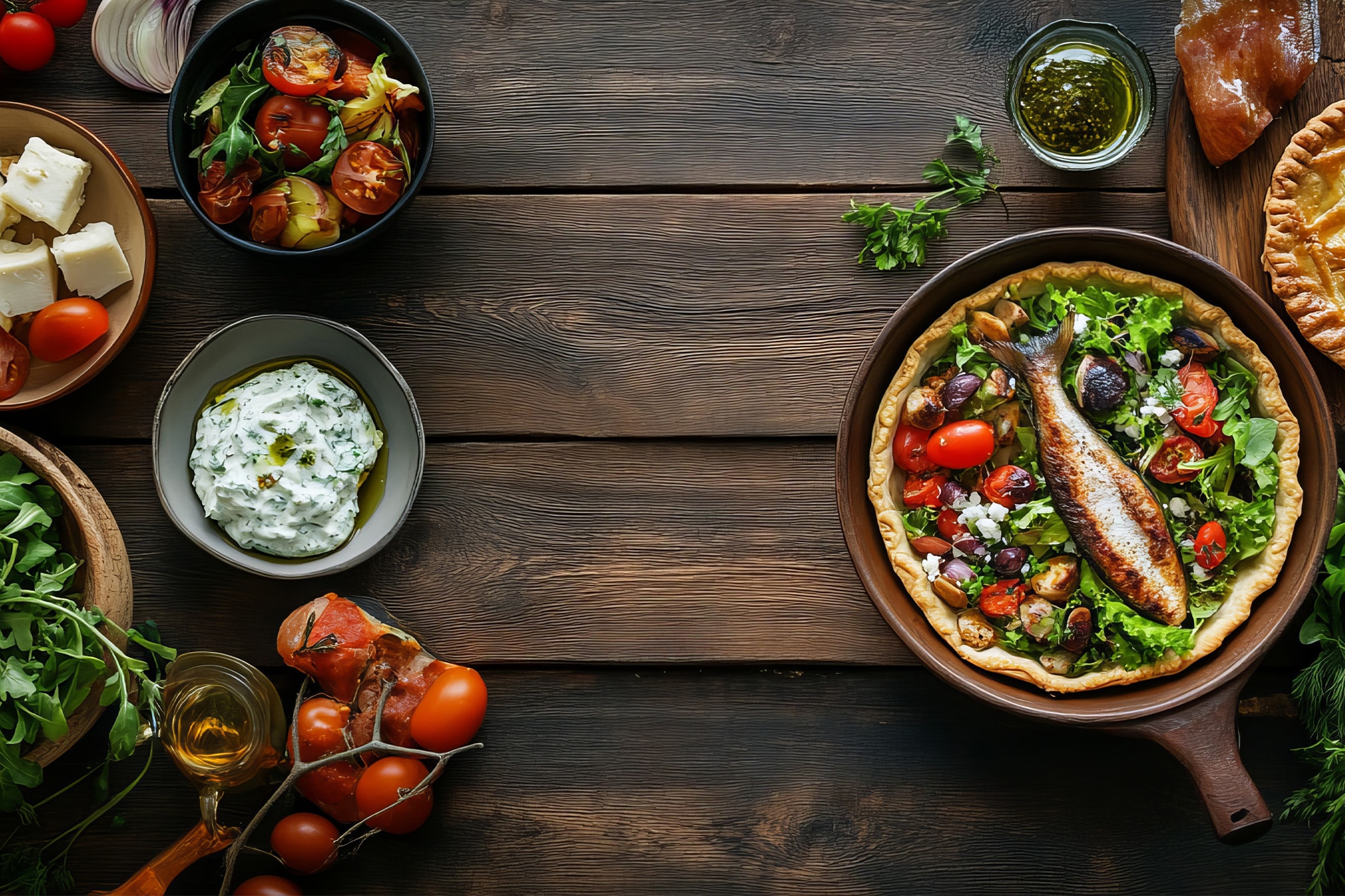 Rustikale Holzplatte mit herzhaftem Fischkuchen, Salaten, Käse und Dips.