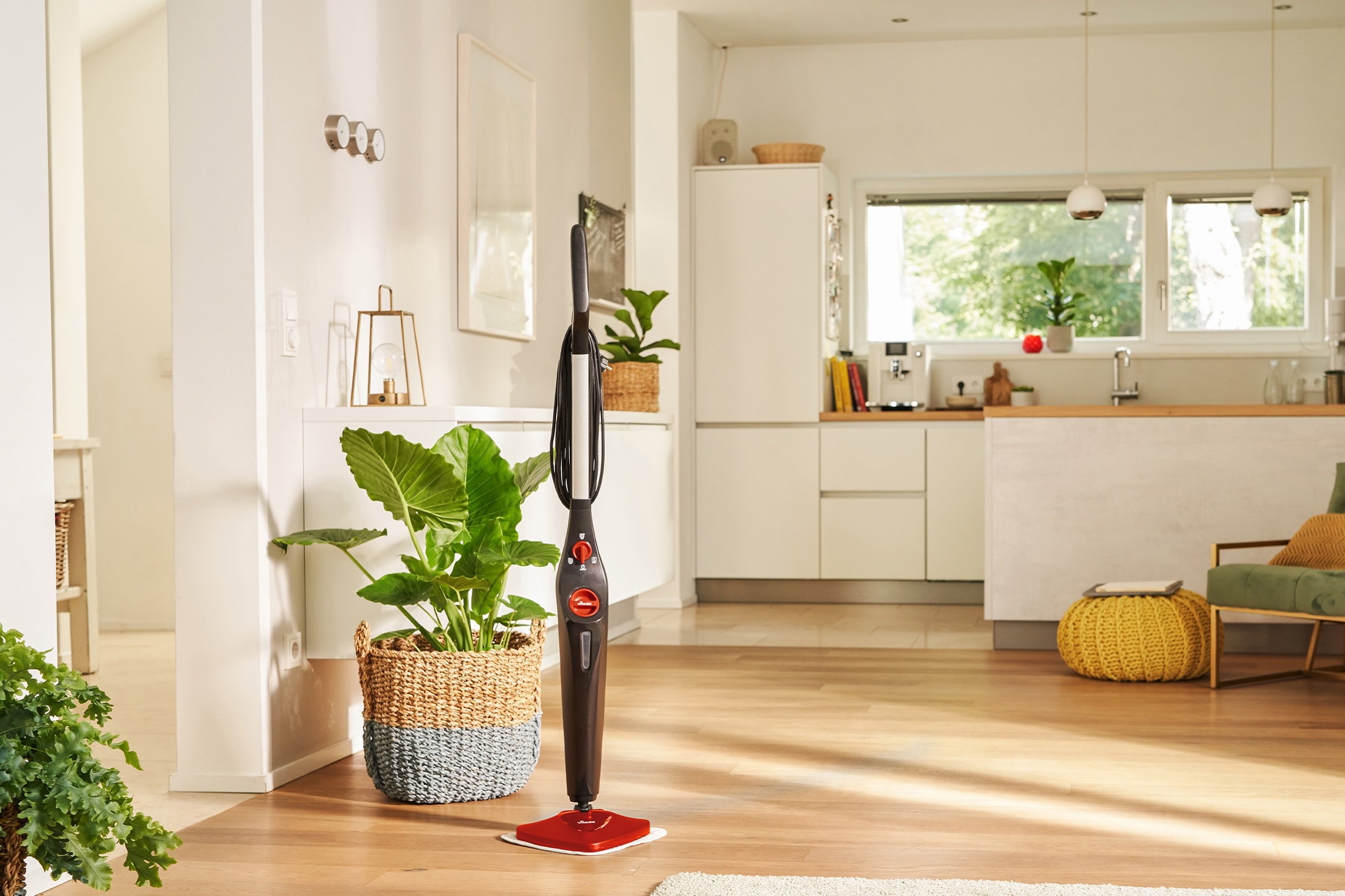 Pulitore a vapore in una cucina moderna con pavimento in legno e piante.