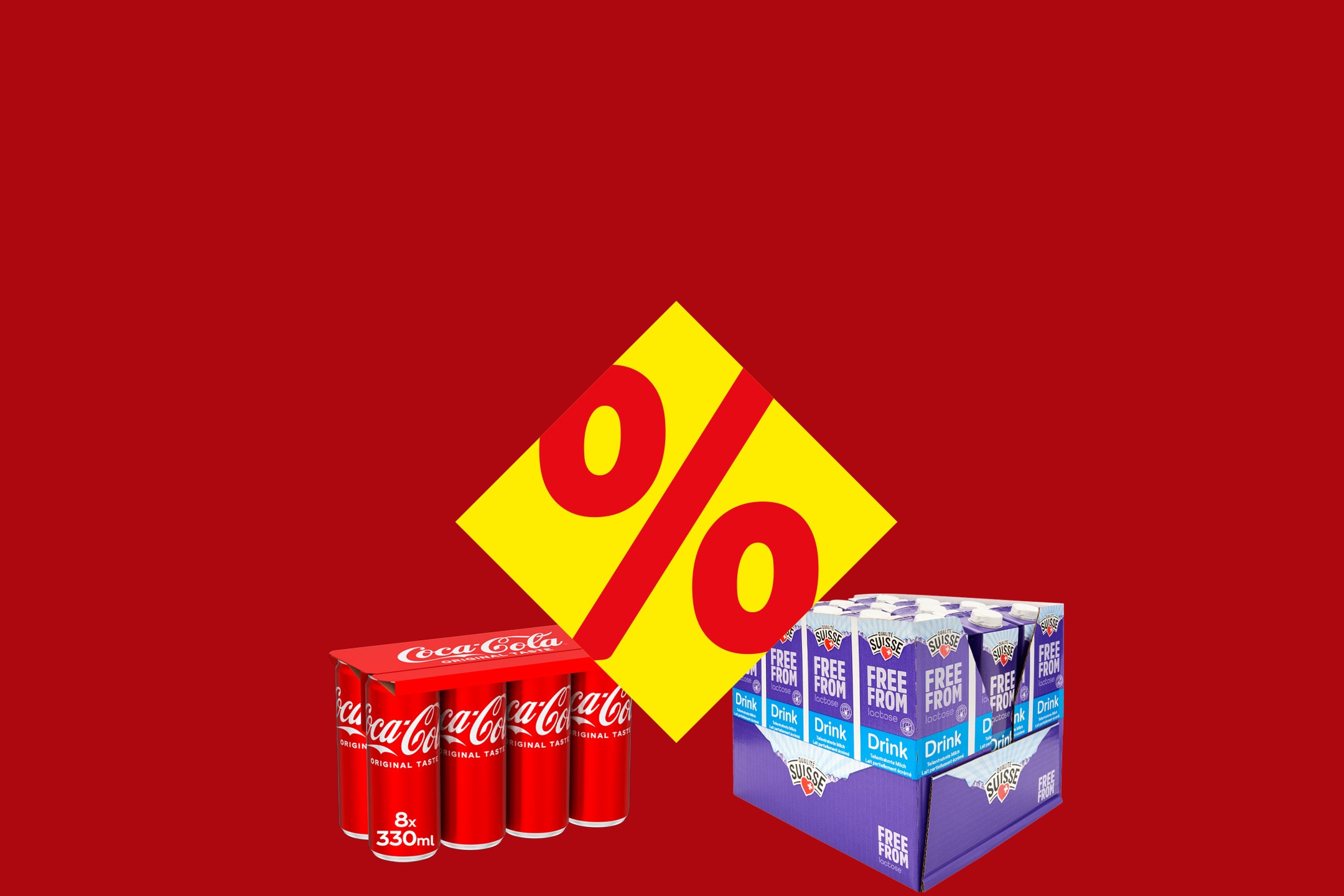 Kohlensäurehaltige Getränke und laktosefreie Getränke mit einem Prozentzeichen für eine Aktion.