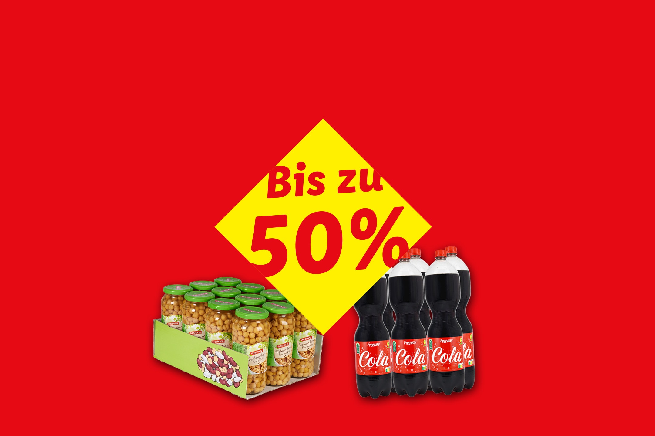 Gläser Kichererbsen und Colaflaschen mit bis zu 50% Rabatt auf rotem Hintergrund.