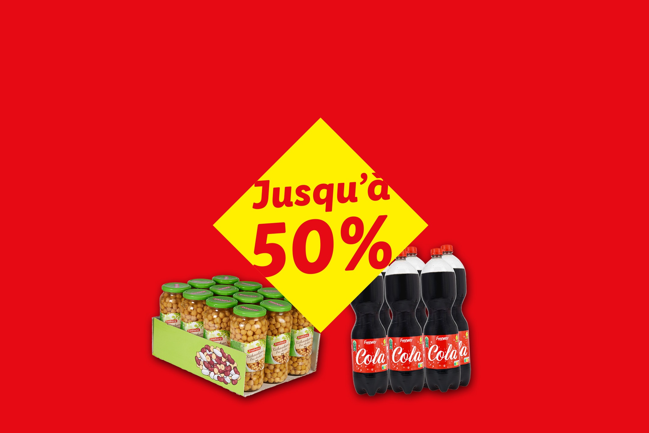 Bouteilles de cola et bocaux de pois chiches avec une promotion « Jusqu'à 50 % ».