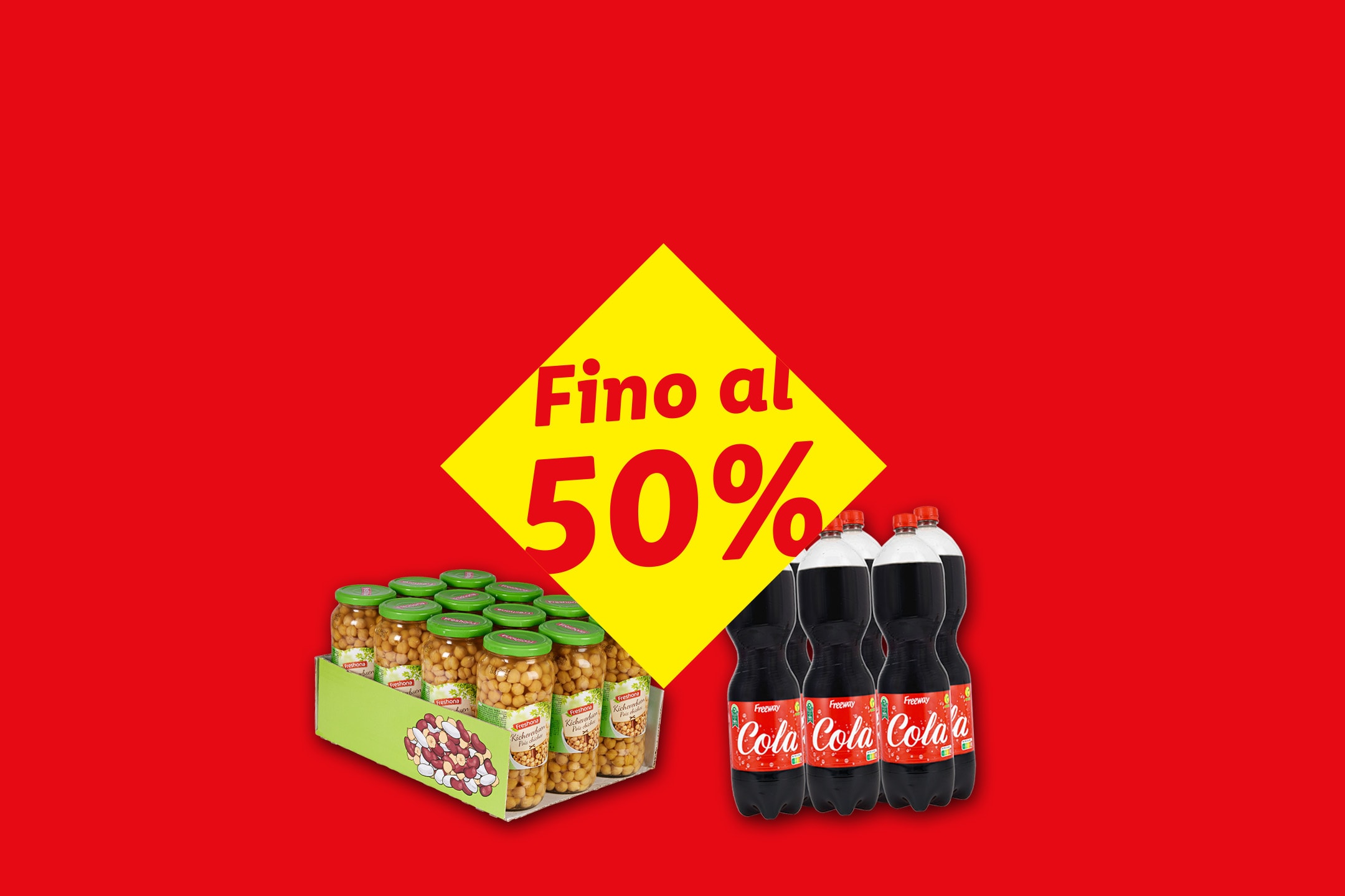 Barattoli di ceci e bottiglie di cola su sfondo rosso con sconto del 50%.