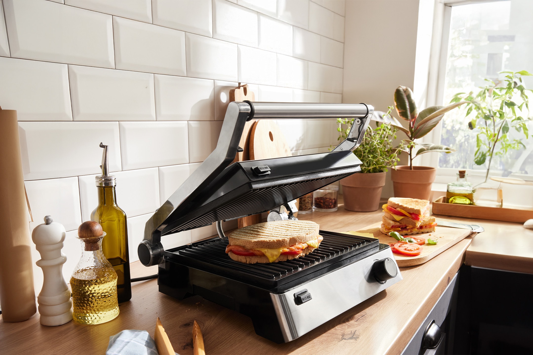 Offener Sandwichmaker mit getoastetem Sandwich, Öl und Pflanzen in der Küche.