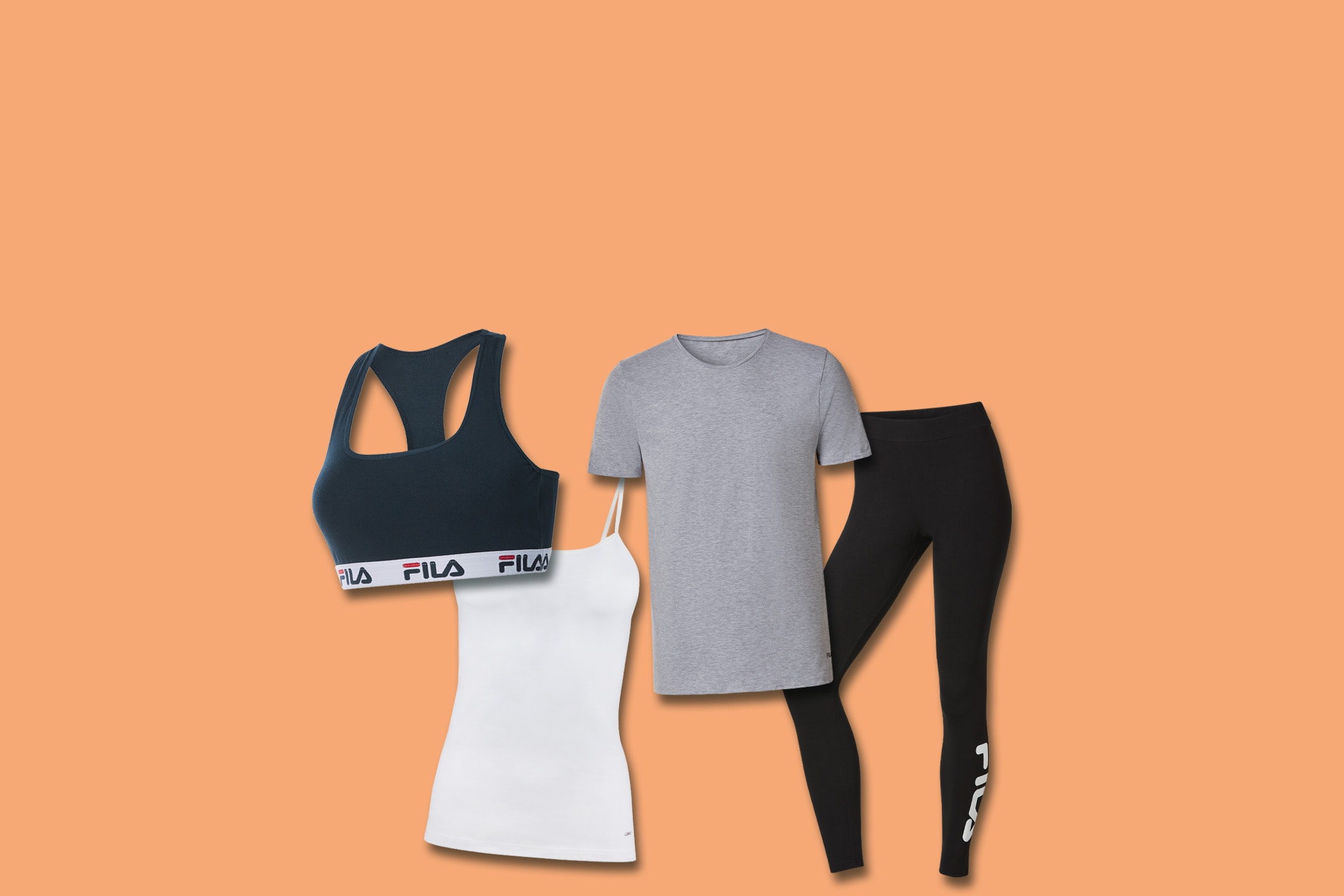 Fila Sport-BH, weißes Top, graues T-Shirt und schwarze Leggings